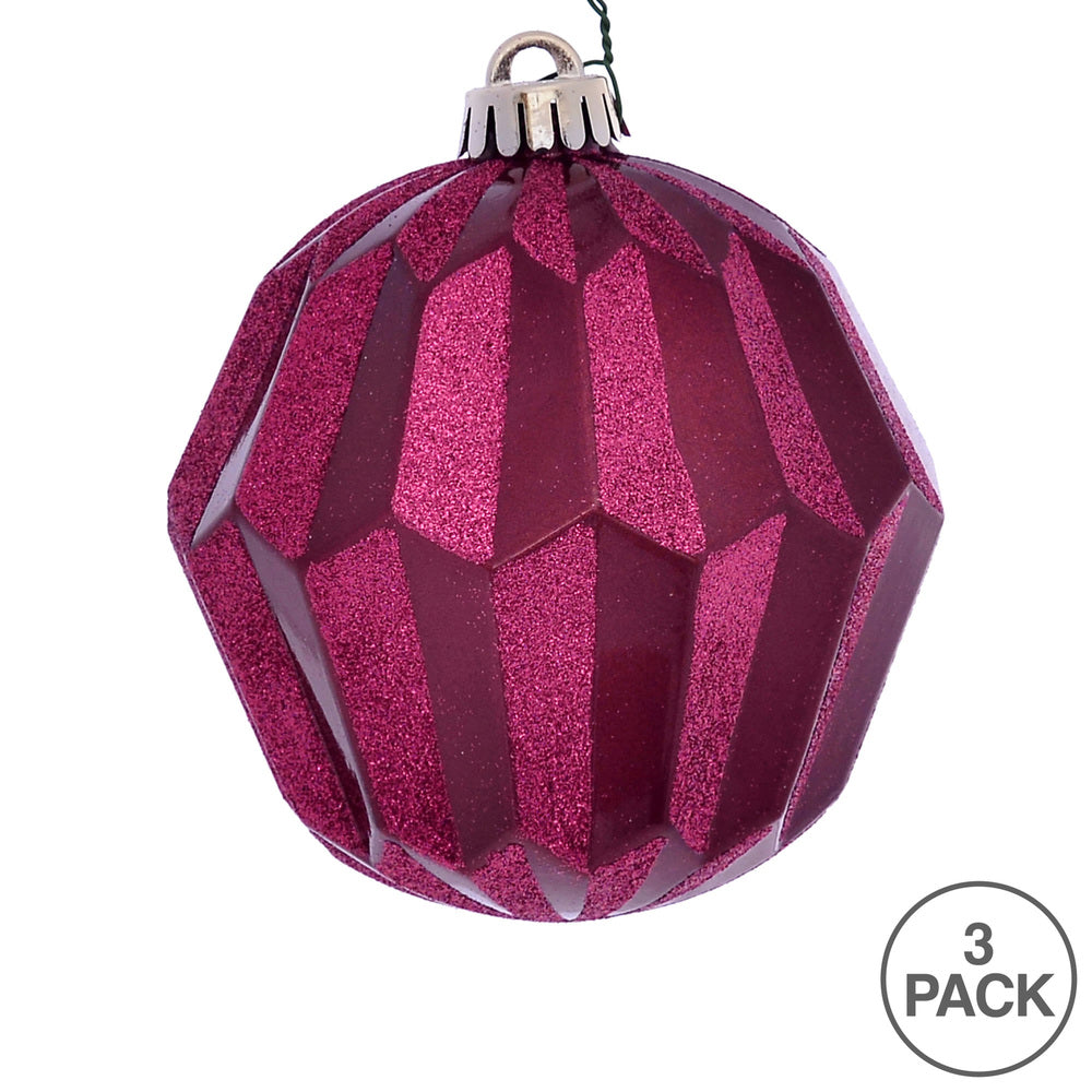 Vickerman 5" Berry Red Glitter Faceted Ball Ornament 3 per Bag