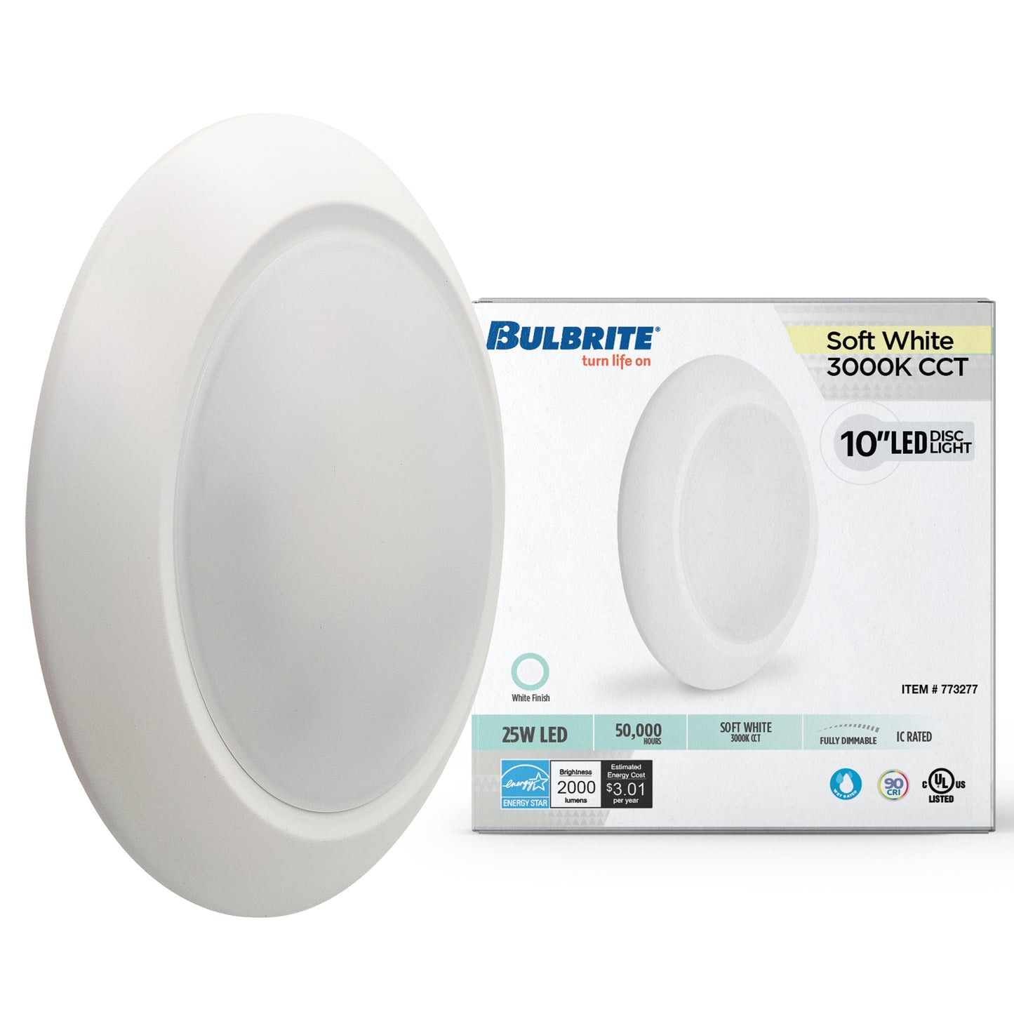 Bulbrite 773277 25-Watt LED 10" Disc, 3000K, 2000 Lumens, White Finish