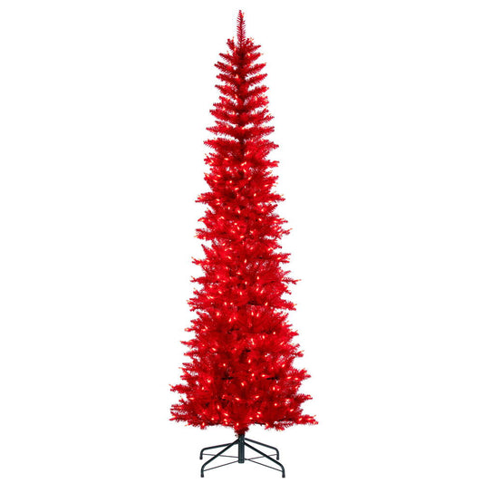 Vickerman 7.5' x 32" Red Pencil Artificial Pre-Lit Christmas Tree with 450 Dura-Lit® Red LED Mini Lights. It measures 90 inches tall, and 28 inches wide, which is considered a pencil profile. This tree boasts 965 tips for a realistic look. Pre-lit with 45