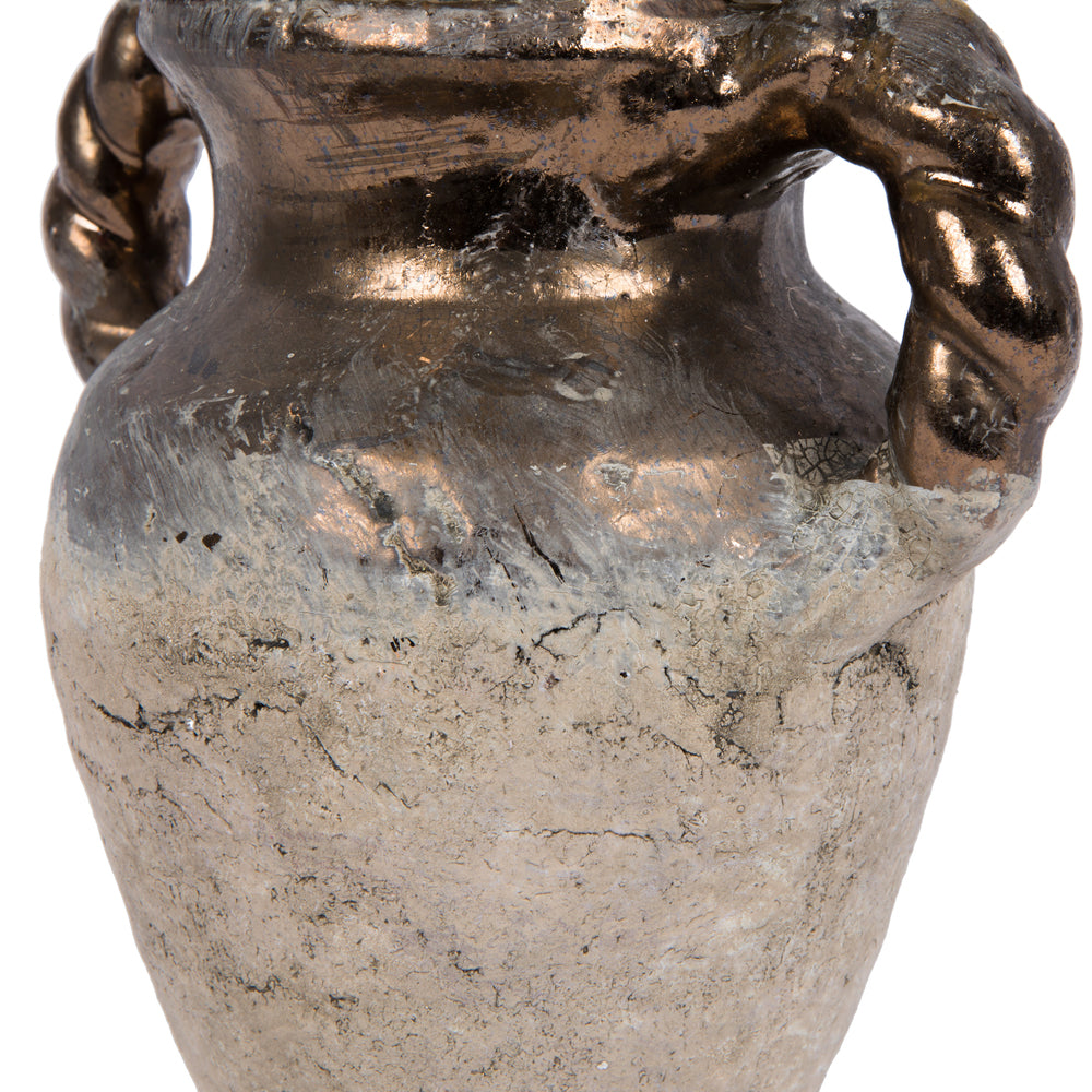 Vickerman 8.5" Aged Terracotta Gray Ceramic Vase. This unique vase adds character and earthy tones to any space. This vase can stand on its own or pair with a faux greenery stem for a finished look. This vase measures 8.5" H x 6" W x 9" L.   100% TERRACOT