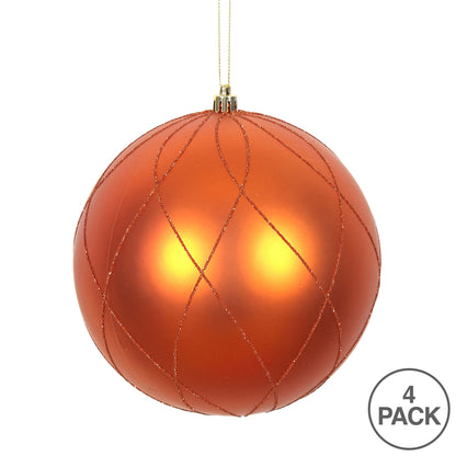 Vickerman 4" Burnished Orange Matte and Glitter Swirl Ball Ornament 4 per Box
