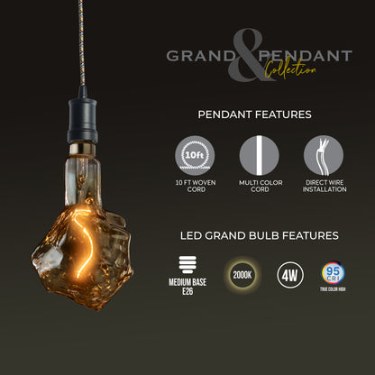 Bulbrite LED Grand Bulb and Pendant Kit of (1) 4 Watt Antique Glass 13" Glacier Shaped Bulb and (1) Black Open Socket Pendant on Multicolor Fabric Braided Cord - 2000K (Amber Light)