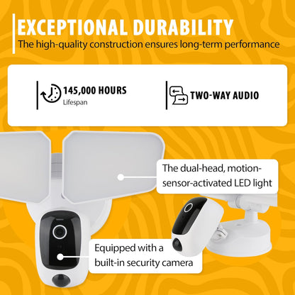 ASD Lighting LED Security Floodlight 2 square heads 20W 120V 2700/3000/3500/4000/5000K with Smart Camera and 180° Motion Sensor White UL DLC Premium