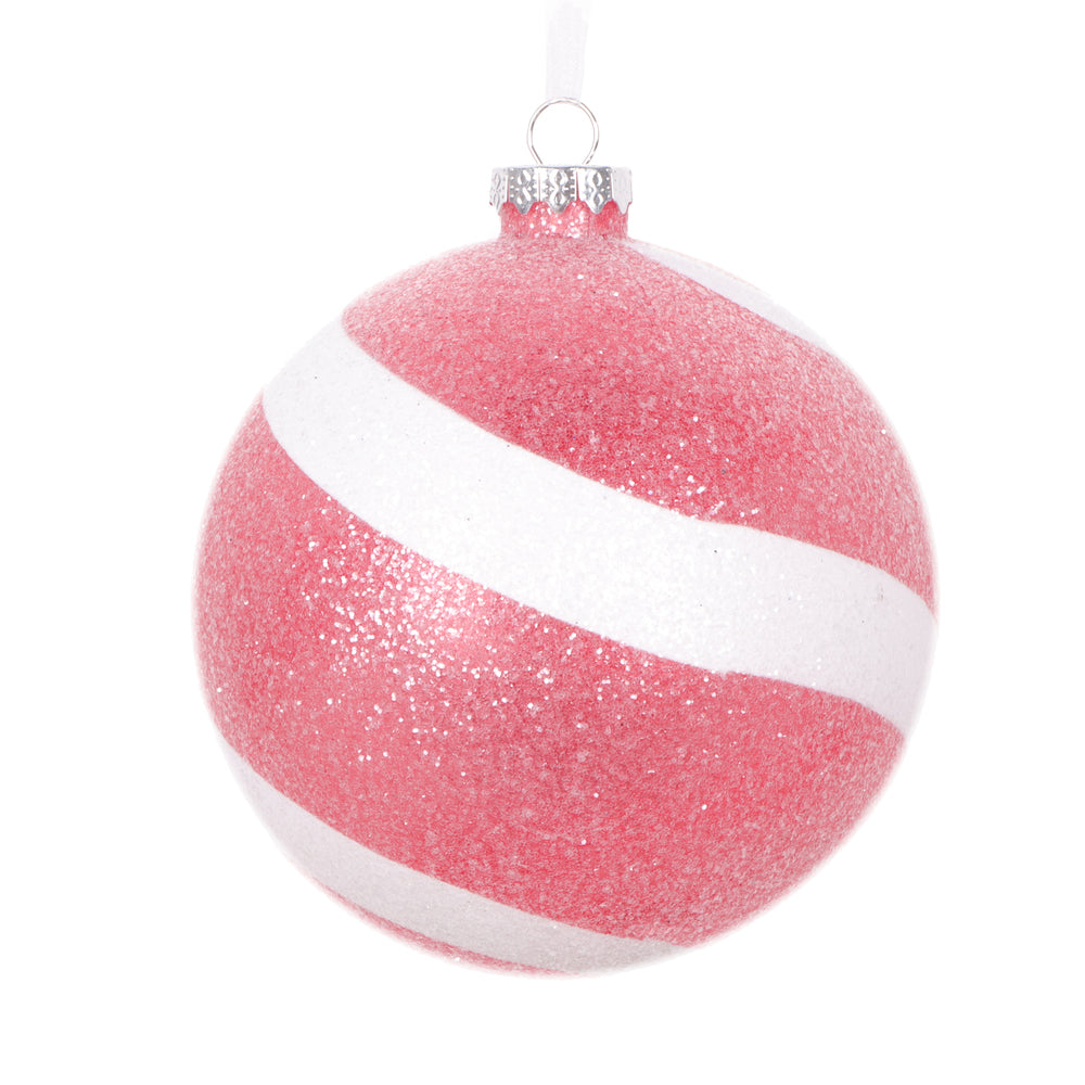 Vickerman 4.75" Red and White Swirl Sugar Glitter Ball Ornament 3 per bag.