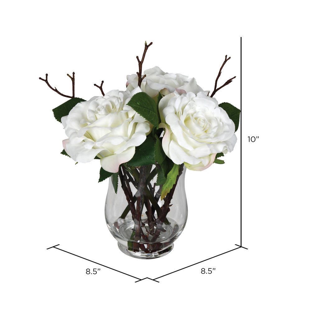 Vickerman 10" Artificial White Rose In Glass Vase.