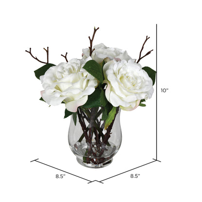 Vickerman 10" Artificial White Rose In Glass Vase.