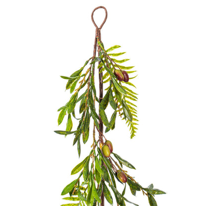 Vickerman 22" Artificial Green Olive Garland. Features green foliage with dark orange olives.