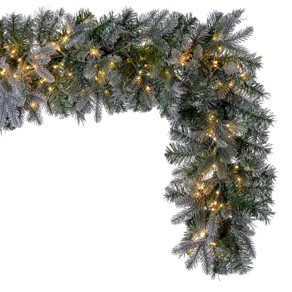 Vickerman 9' x 14" Frosted Douglas Fir Artificial Garland with Warm White LED Lights.