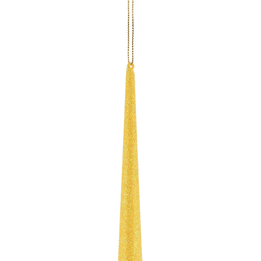 Vickerman 12" Yellow Glitter Cupola Finial. This long finial ornament adds depth and texture to any holiday decorating project. Made with shatterproof plastic. Includes 3 pieces per bag.