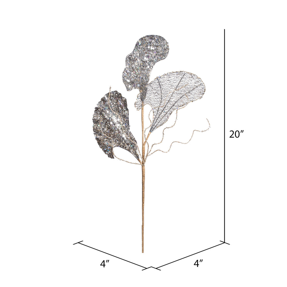 Vickerman 20" Silver Fiddle Leaf Glitter Artificial Christmas Spray. Includes 3 sprays per pack.