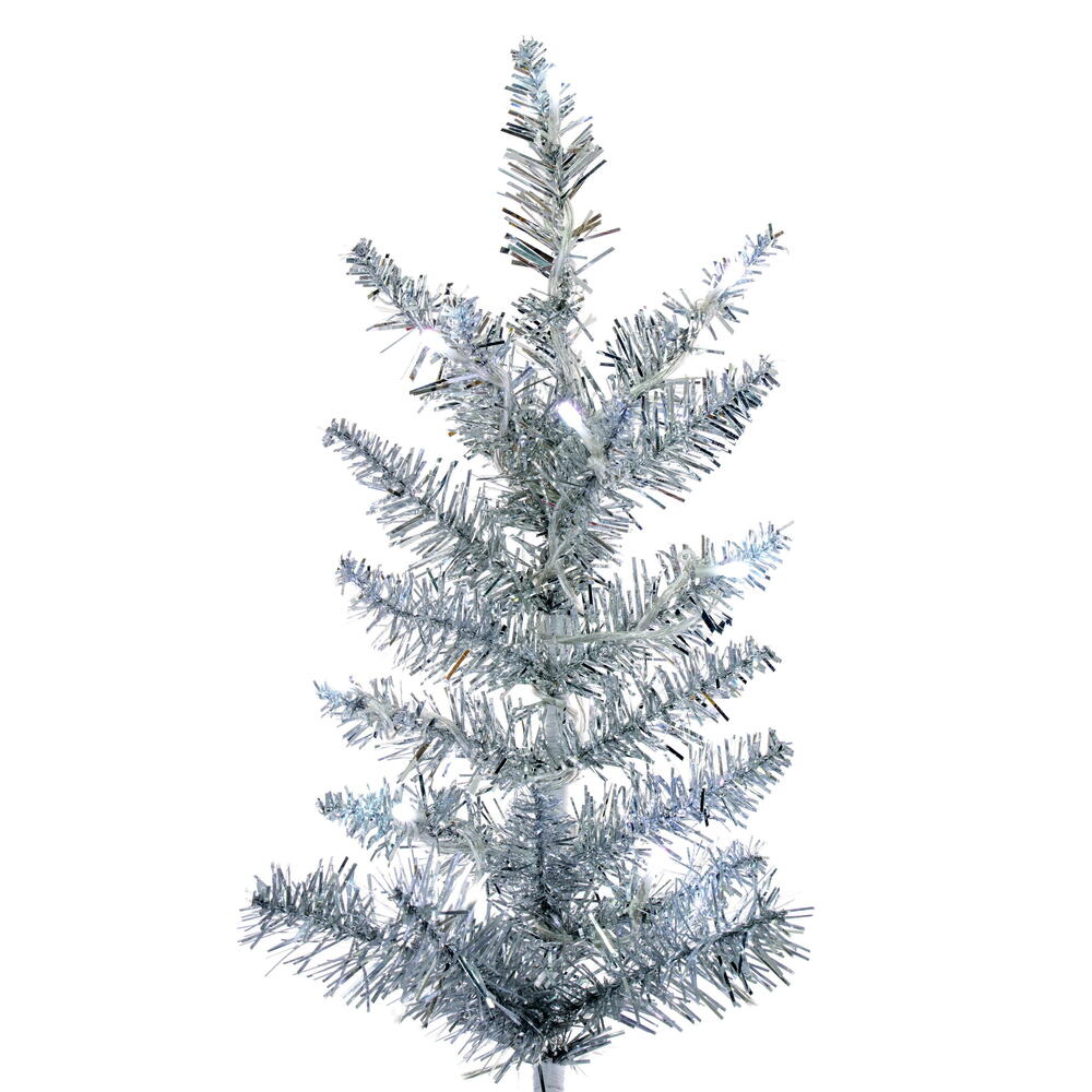 Vickerman 7.5' x 53" Silver Full Artificial Pre-Lit Christmas Tree with 747 Wide Angle 5mm 32 Function Remote Controlled RGB LED Mini Lights. It measures 90 inches tall, and 53 inches wide, which is considered a Full profile. This tree boasts 1634 tips fo