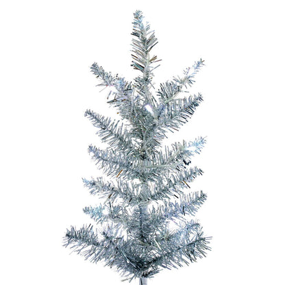 Vickerman 7.5' x 53" Silver Full Artificial Pre-Lit Christmas Tree with 747 Wide Angle 5mm 32 Function Remote Controlled RGB LED Mini Lights. It measures 90 inches tall, and 53 inches wide, which is considered a Full profile. This tree boasts 1634 tips fo