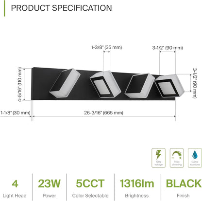 ASD Lighting LED Vanity 4-light 23W 120V with rotatable heads CCT Selectable 2700/3000/4000/5000/6000K Dimmable Black ETL