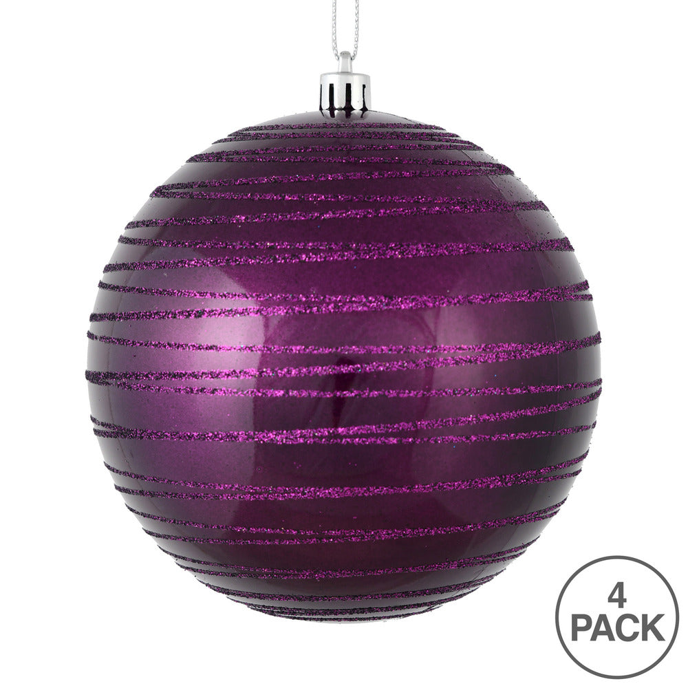 Vickerman 4.75" Plum Candy Finish Ball Ornament with Glitter Lines 4 per Bag