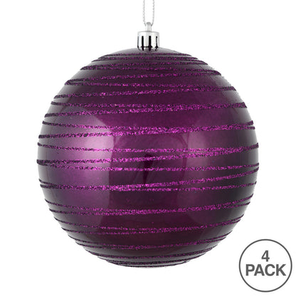 Vickerman 4.75" Plum Candy Finish Ball Ornament with Glitter Lines 4 per Bag