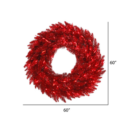 Vickerman 60" Tinsel Red Fir Artificial Christmas Wreath Red Dura-Lit LED lights.