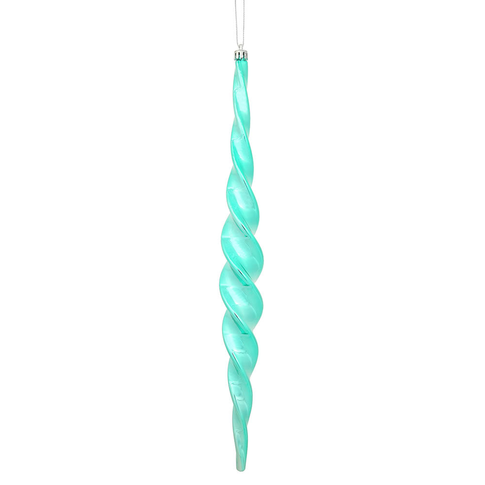 Vickerman 14.6" Teal Shiny Spiral Icicle Ornament with drilled and wired caps. Comes 2 per Box.