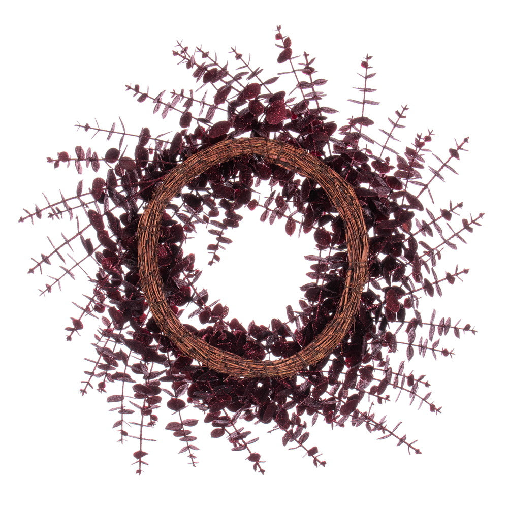 Vickerman 24" Burgundy Artificial Eucalyptus Glitter Wreath.