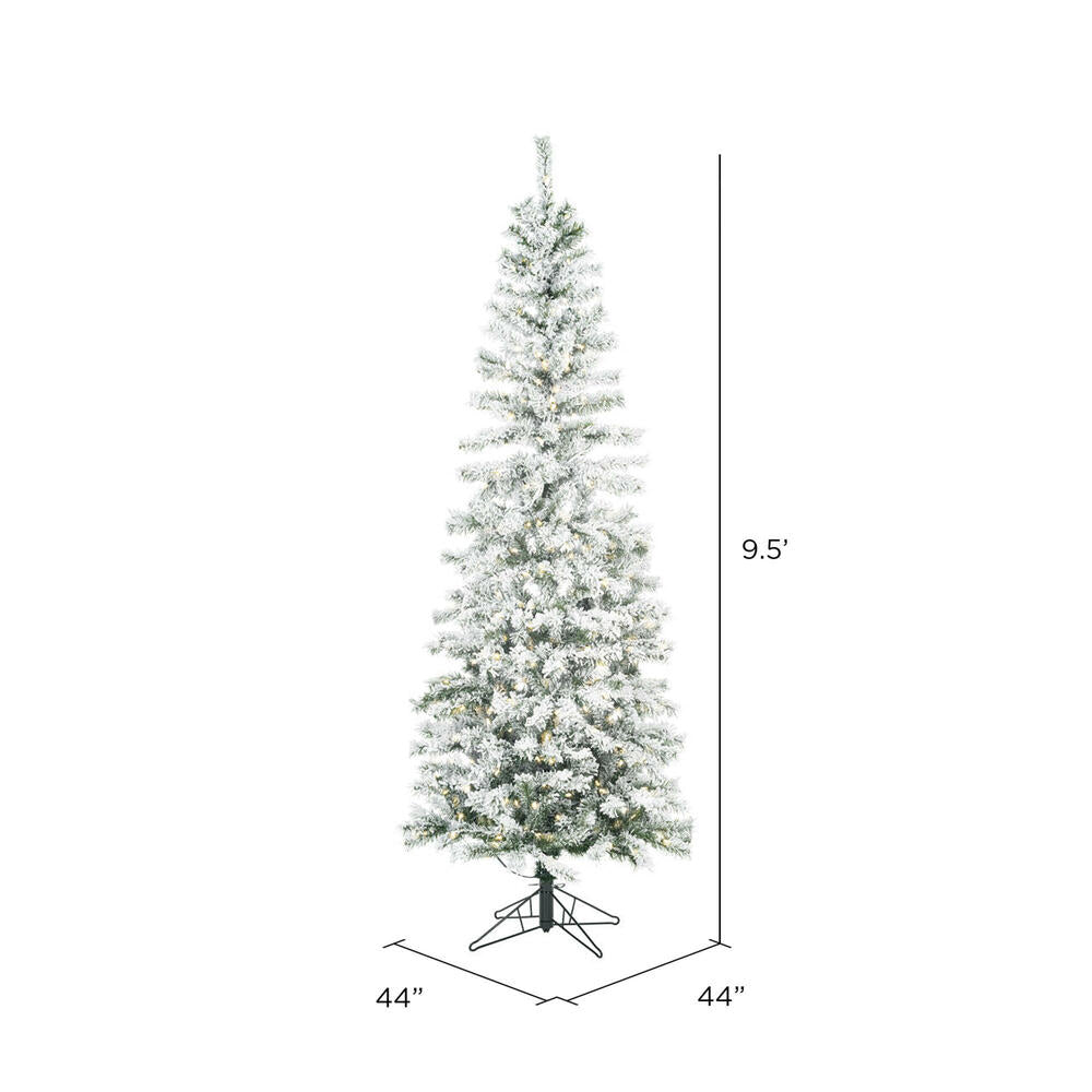 Vickerman 9.5' Flocked Pacific Pencil Artificial Christmas Tree with Pure White LED Lights