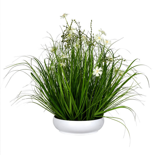 Vickerman 25" Artificial Potted Cream Cosmos and Green Grass in White Plastic Pot.
