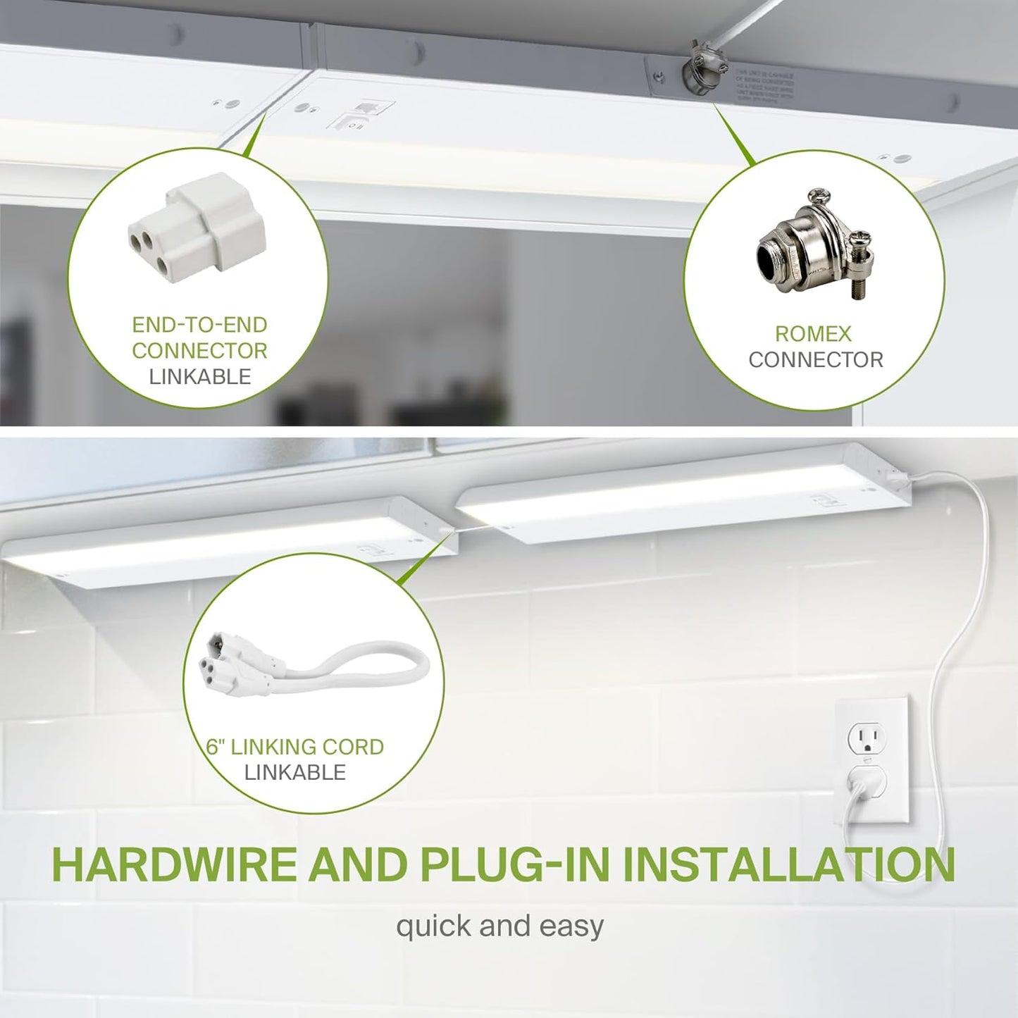 ASD Lighting LED Under Cabinet Linear 18" 8W 120V Dimmable CCT Selectable 2700/3000/4000K Hardwired or Plug-in, Linkable, Hi/Low Switch, White UL