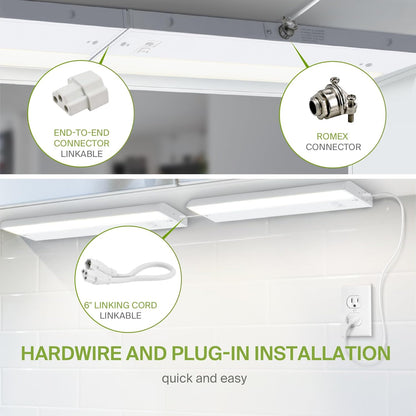 ASD Lighting LED Under Cabinet Linear 18" 8W 120V Dimmable CCT Selectable 2700/3000/4000K Hardwired or Plug-in, Linkable, Hi/Low Switch, White UL