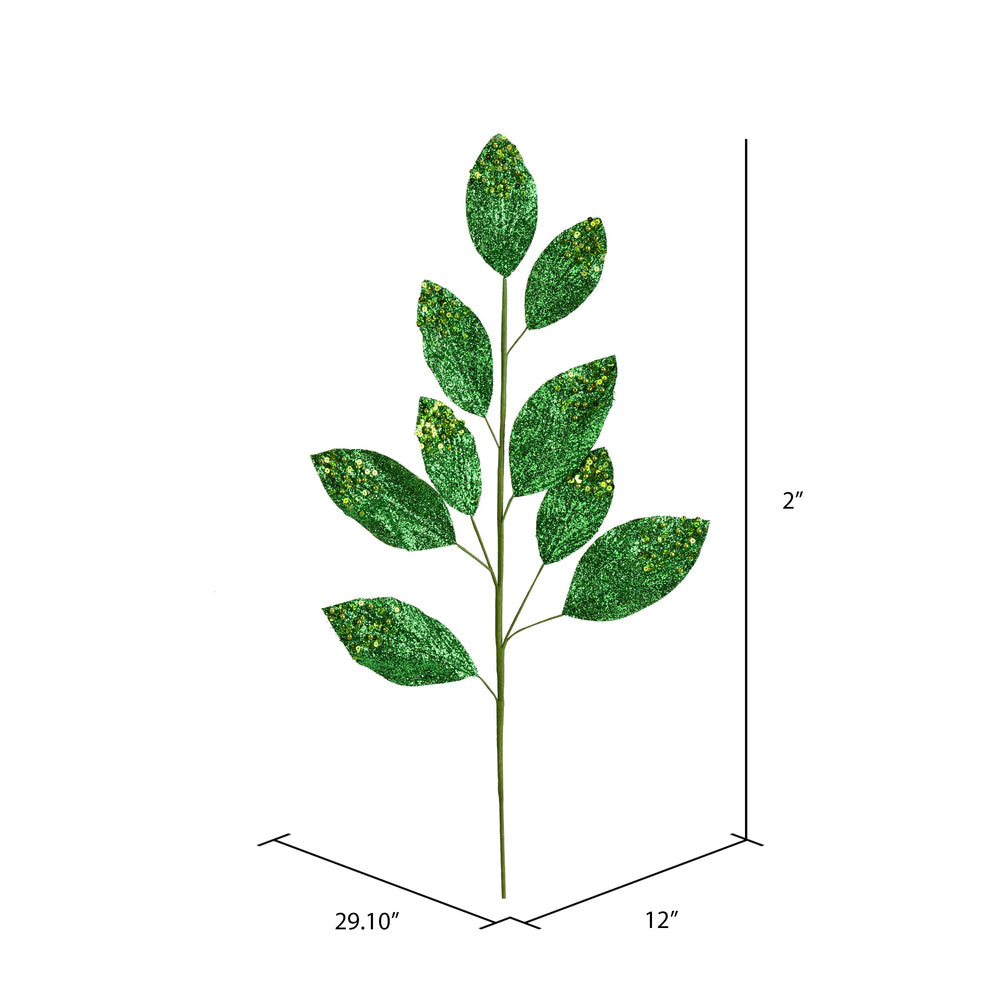 Vickerman 29" Green Glitter Leaf Artificial Christmas Spray. Includes 6 sprays per pack.
