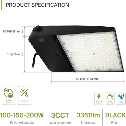 ASD Lighting LED Area Light with Q-base 100/150/200W 120-277V 0-10V Dimmable 170Lm/W 3000/4000/5000K with Photocell Black UL DLC Premium