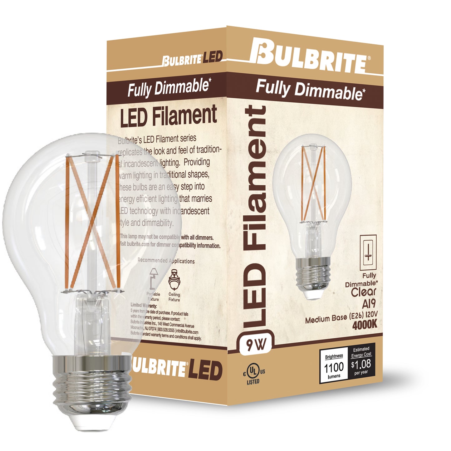Bulbrite 776926 9W LED A19 4000K FILAMENT CLEAR E26 FULLY COMPATIBLE DIMMING