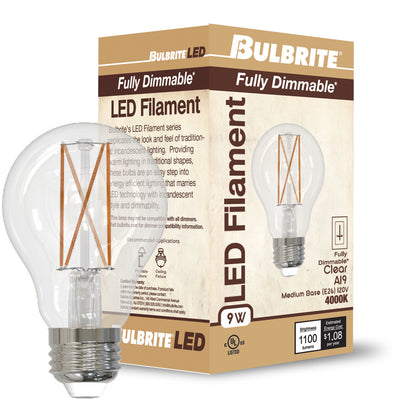 Bulbrite 776926 9W LED A19 4000K FILAMENT CLEAR E26 FULLY COMPATIBLE DIMMING