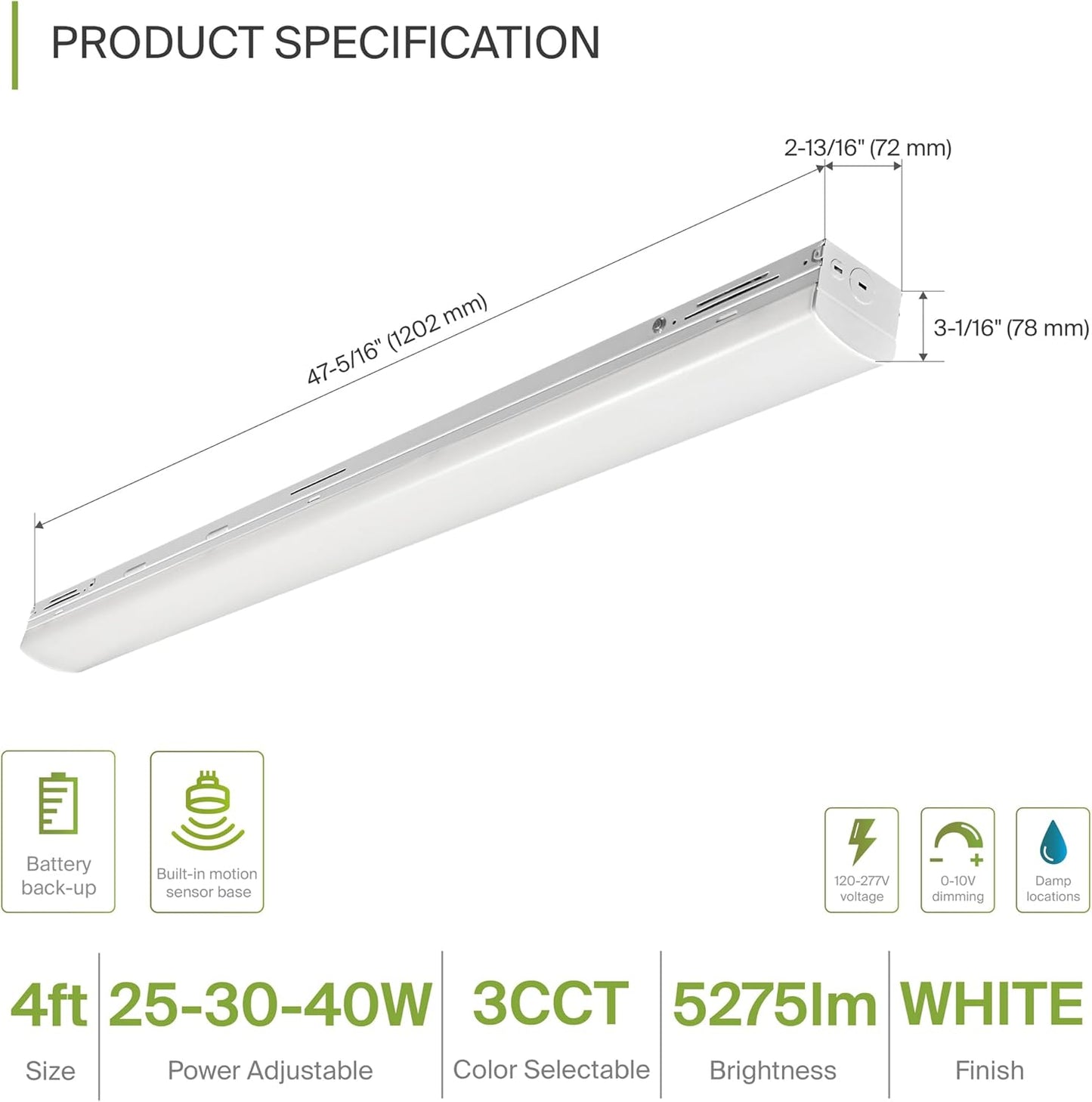 ASD Lighting LED Stairwell Fixture with Q-base 4feet Power Adjustable 25/30/40W 120-277V CCT Selectable 3500/4000/5000K with Battery back-up 10W Dimmable White UL DLC Premium