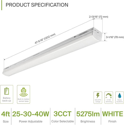ASD Lighting LED Stairwell Fixture with Q-base 4feet Power Adjustable 25/30/40W 120-277V CCT Selectable 3500/4000/5000K with Battery back-up 10W Dimmable White UL DLC Premium