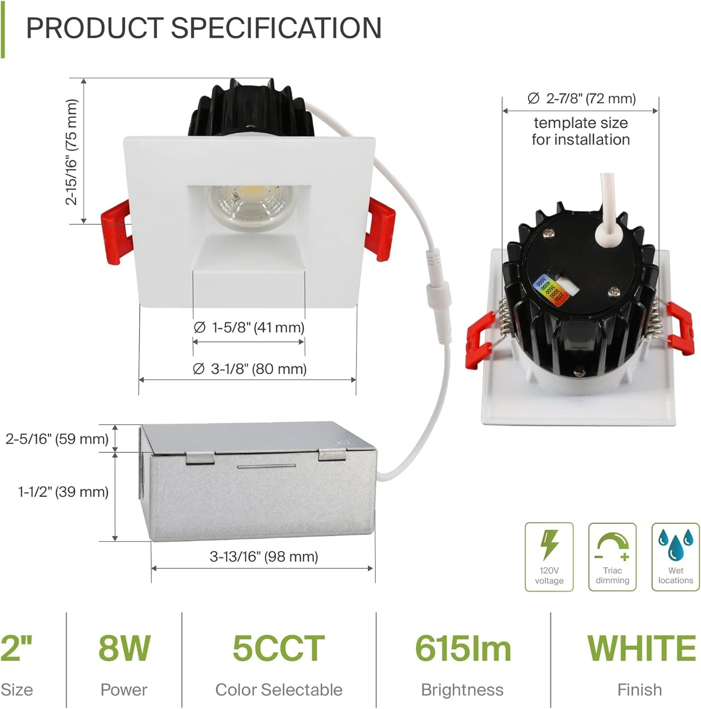 ASD Lighting LED Downlight Square 2inch 8W 120V Triac 2700/3000/3500/4000/5000K White ETL Energy Star
