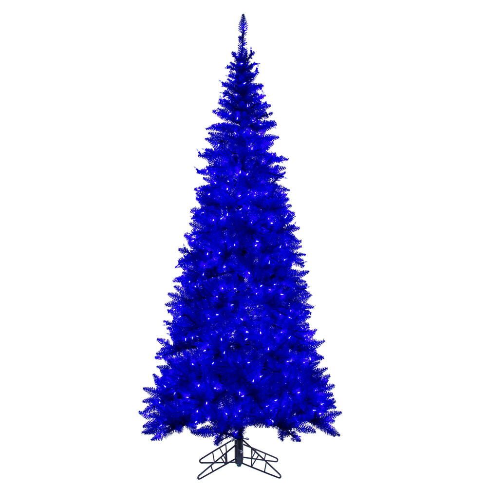 Vickerman 5.5' x 30" Slim Blue Artificial Pre-Lit Christmas Tree with Lights and Folding Metal Tree Stand
