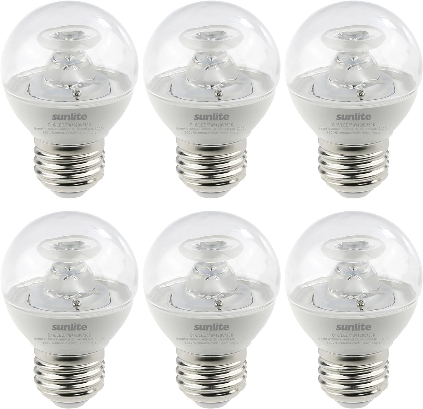 Sunlite LED G16 Decorative Clear Globe Light Bulb, 7 Watts (60W Equivalent), 500 Lumens, Dimmable, Medium E26 Base, 120 Volts, ETL Listed, 260 Degree Beam Angle, 3000K Warm White, 6 Pack