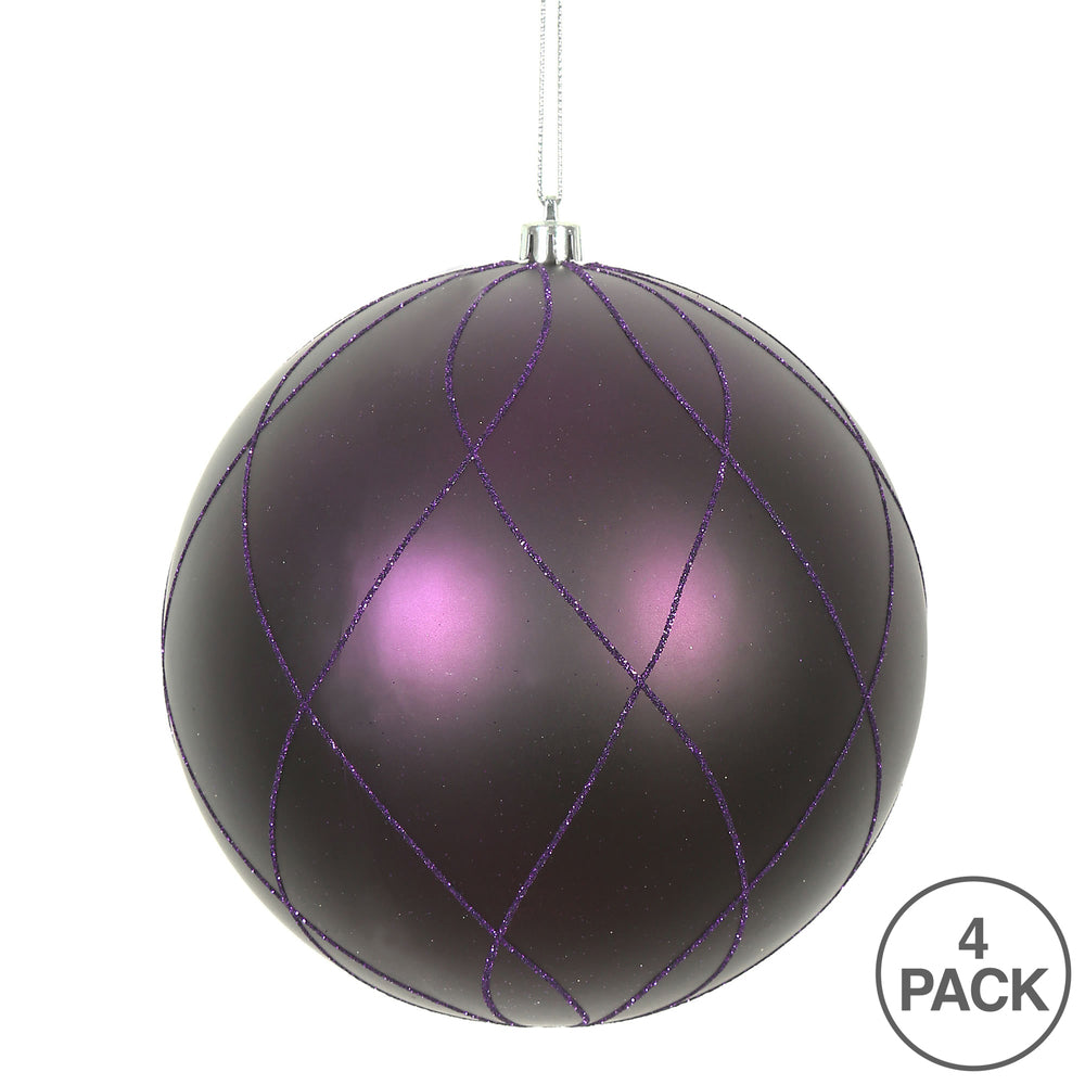 Vickerman 4" Plum Matte and Glitter Swirl Ball Ornament 4 per Box