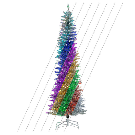 Vickerman 7.5' x 32" Silver Pencil Artificial Pre-Lit Christmas Tree with 450 Wide Angle 5mm 32 Function Remote Controlled RGB LED Mini Lights. It measures 90 inches tall, and 32 inches wide, which is considered a pencil profile. This tree boasts 965 tips