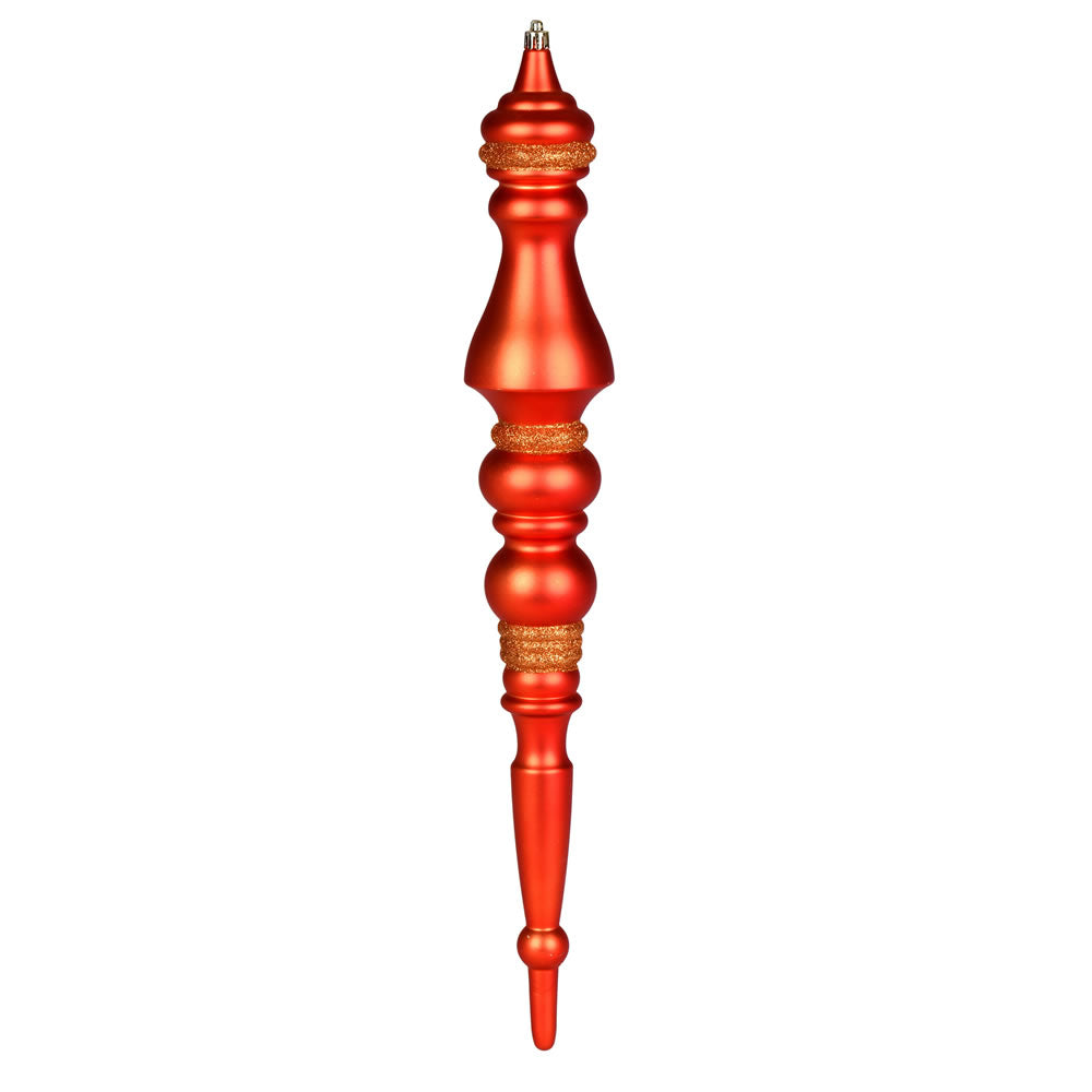 Vickerman 20" Burnish Orange Matte Finial 1/Bag. This ornament features a drilled cap with looped wire to ensure that decorating is a breeze. This ornament is made with shatterproof plastic to reduce the likelihood of breaking when dropped. Includes 2 pie