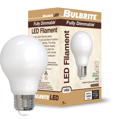 Bulbrite 14W LED LIGHT BULB A19 4000K FILAMENT MILKY FINISH, E26 MEDIUM SCREW BASE, DIMMABLE, 4PK