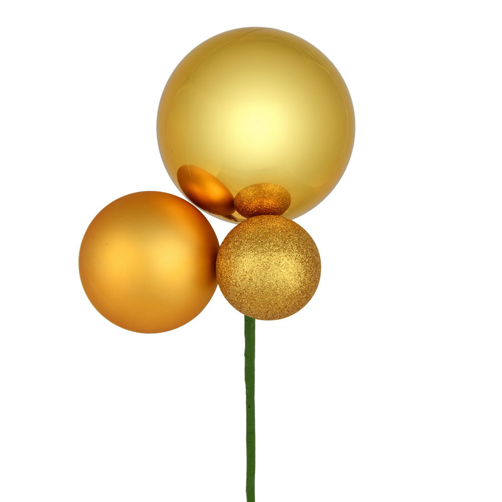 Vickerman 18" Honey Gold Orn Pick 3 per Bag. Features shiny matte and glitter ornaments.