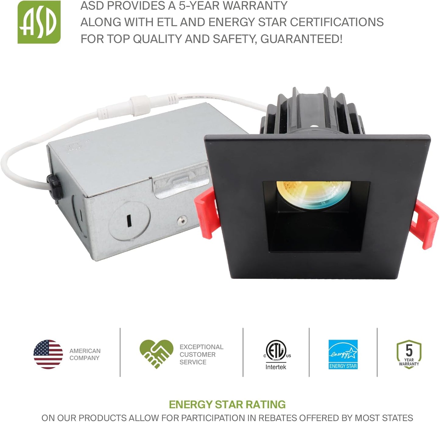 ASD Lighting LED Downlight Square 2inch 8W 120V Triac 2700/3000/3500/4000/5000K Black ETL Energy Star
