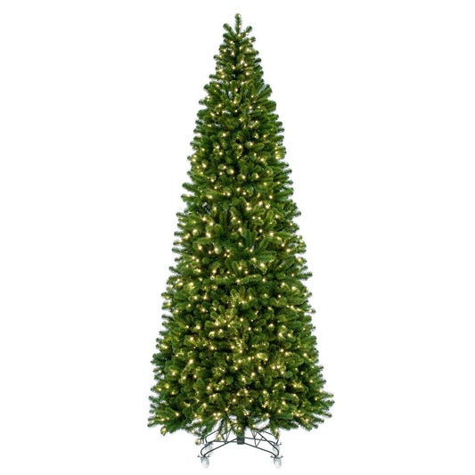Vickerman 14' x 68" Deluxe Sequoia Pine Artificial Slim Pre-Lit Christmas Tree with 2650 Warm White LED 5MM Lights. It measures 168 inches tall and 68 inches wide, which is considered a Slim profile. This tree boasts 5391 PVC tips for a realistic look. Pr