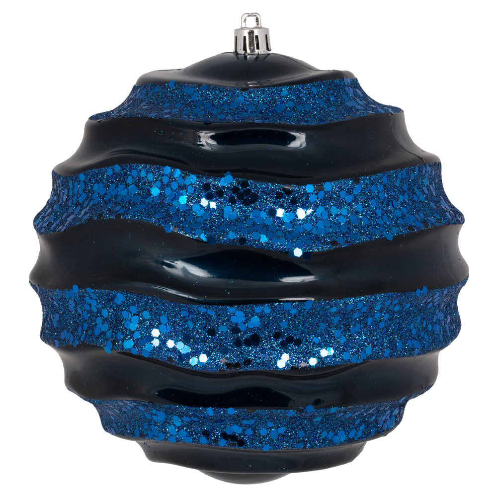 Vickerman 8" Midnight Blue Stripe Candy Finish Wave Ball Christmas Ornament with Glitter Accents