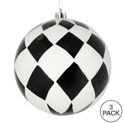 Vickerman 6" Black Ball with White Diamond Glitter Christmas Ornament Set of 3