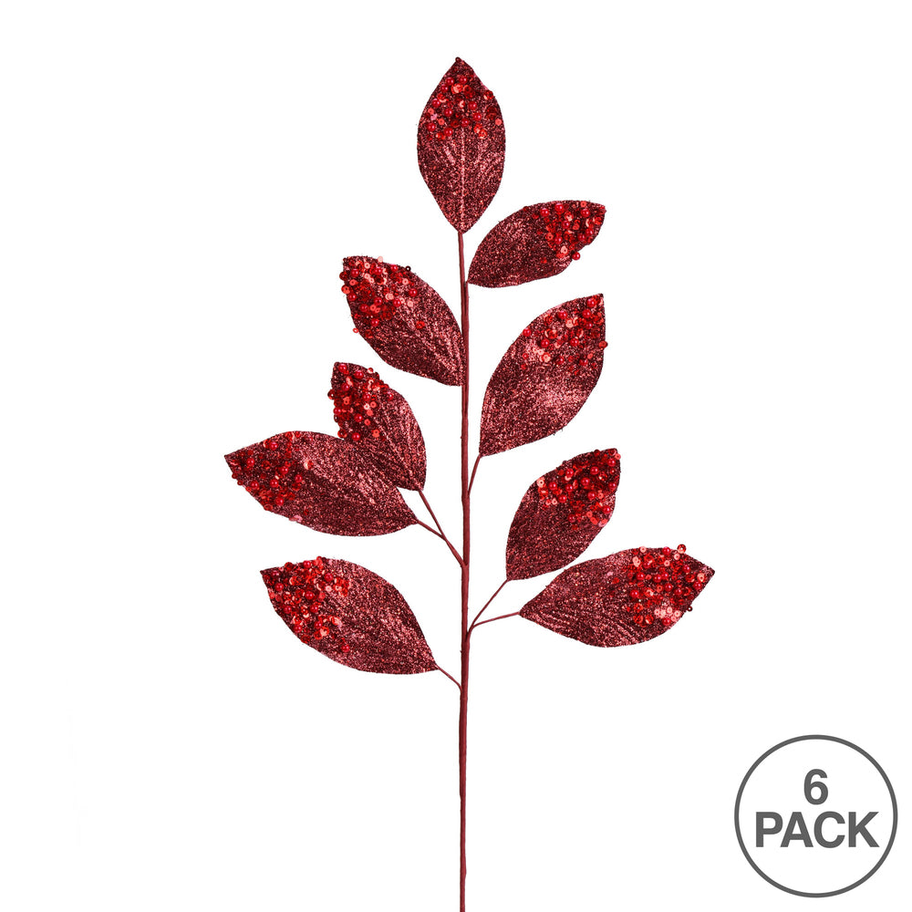 Vickerman 29" Burgundy Glitter Leaf Artificial Christmas Spray. Includes 6 sprays per pack.