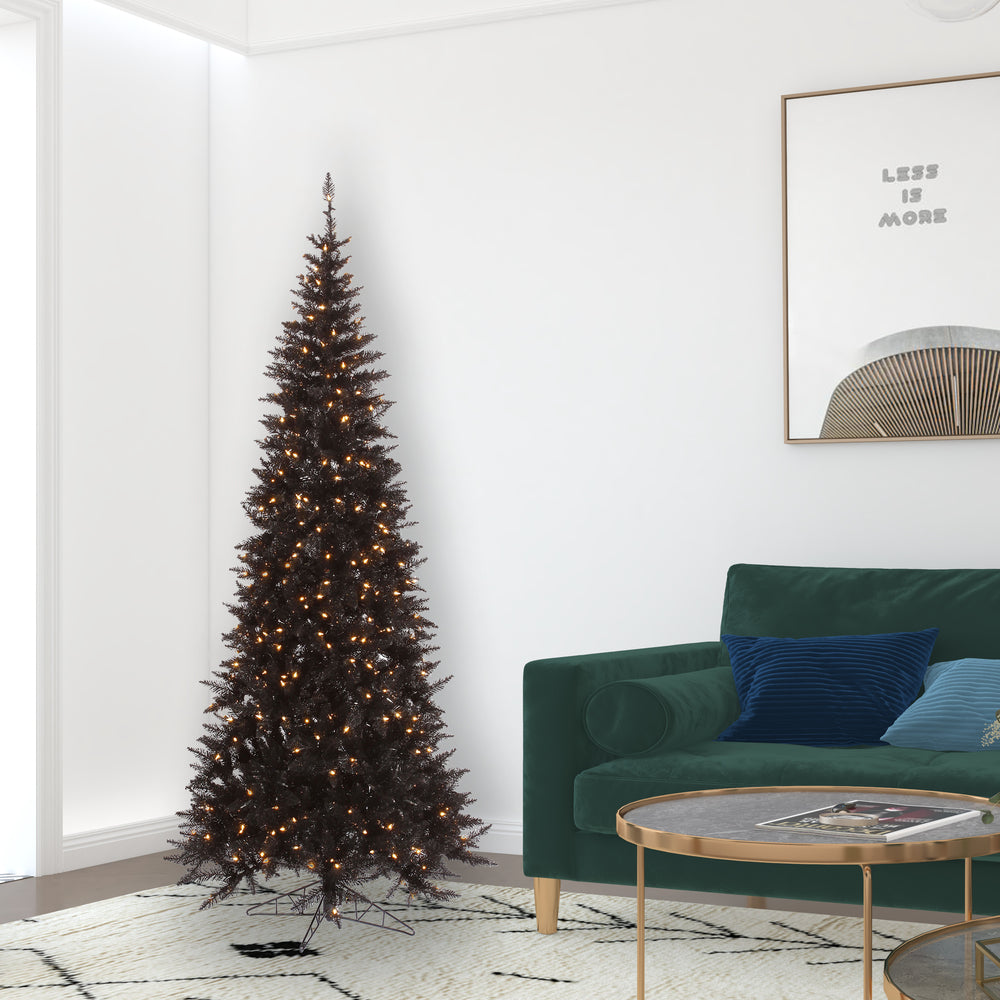 Vickerman 7.5' Black Fir Slim Artificial Christmas Tree Warm White Dura-lit LED Lights