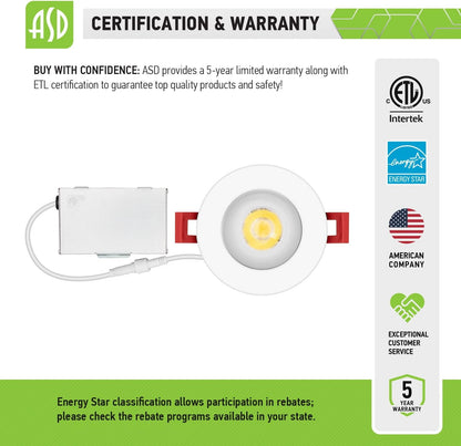 ASD Lighting LED Trimless Downlight Round 2inch 8W 120V Triac 2700/3000/3500/4000/5000K White ETL Energy Star
