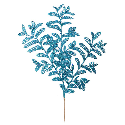 Vickerman 22" Turquoise Bipinnate Glitter Leaf Artificial Christmas Spray. Includes 12 sprays per pack.
