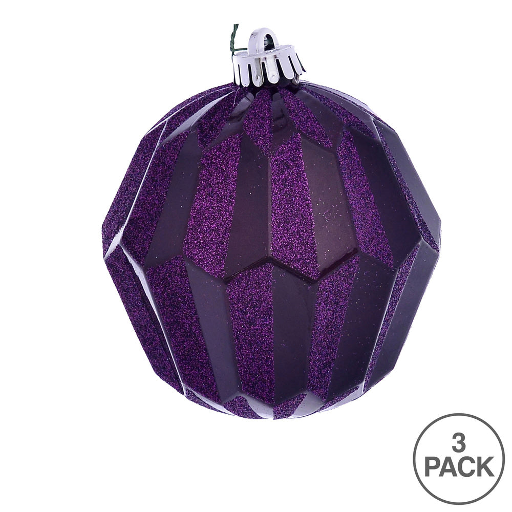 Vickerman 5" Plum Glitter Faceted Ball Ornament 3 per Bag