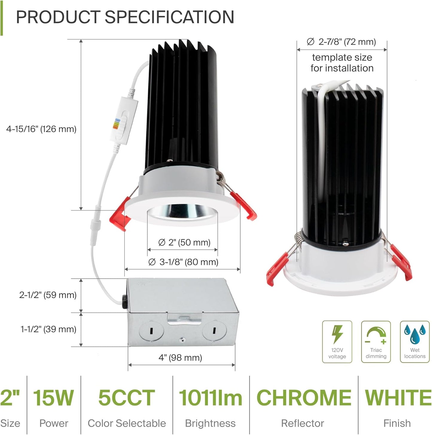 ASD Lighting LED Downlight 2INCH Changeable Round 15W CCT Selectable 2700/3000/3500/4000/5000K Dimmable, Chrome Smooth reflector, White trim, ETL Energy Star